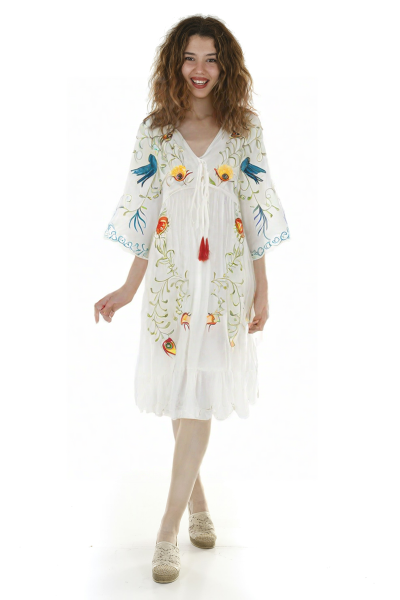 Bohemian flower embroidery hollowed out tassel decoration retro style goddess long dress