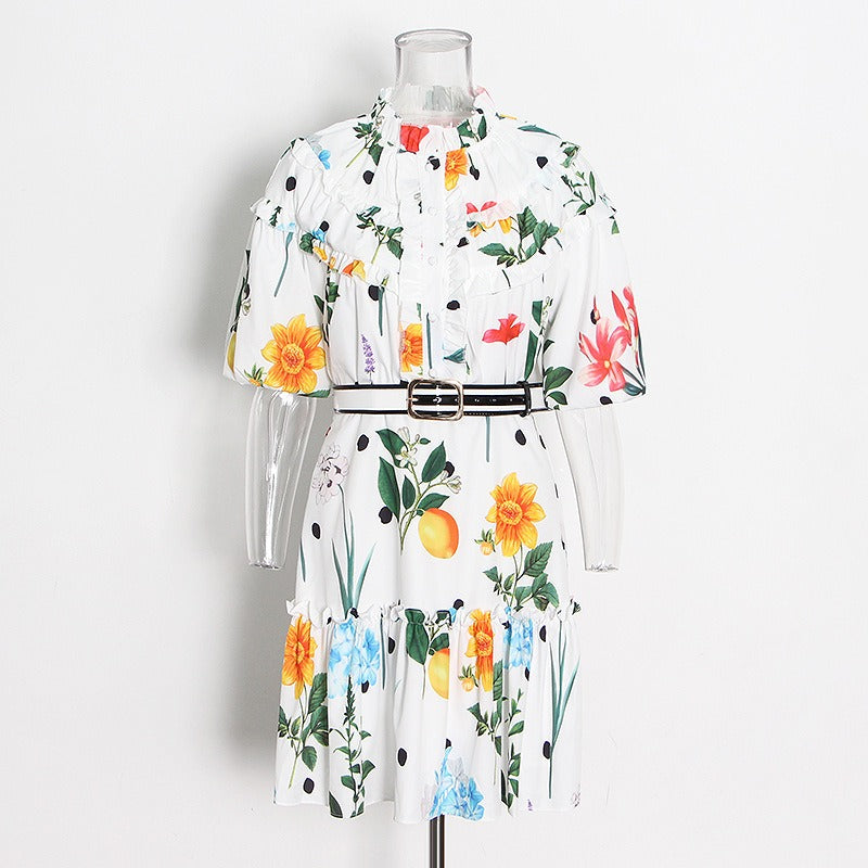 Standing collar short sleeved high waisted slimming waistband dress