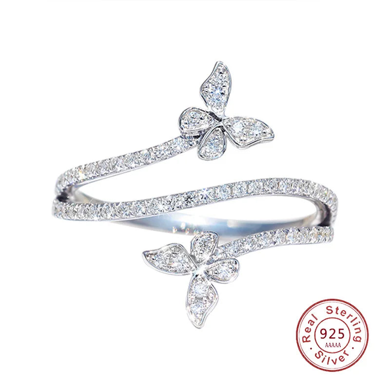 Elegant Double Butterfly 925 Sterling Silver Ring with Clear Zircon Diamonds - Ideal Wedding Engagement Gift Jewelry