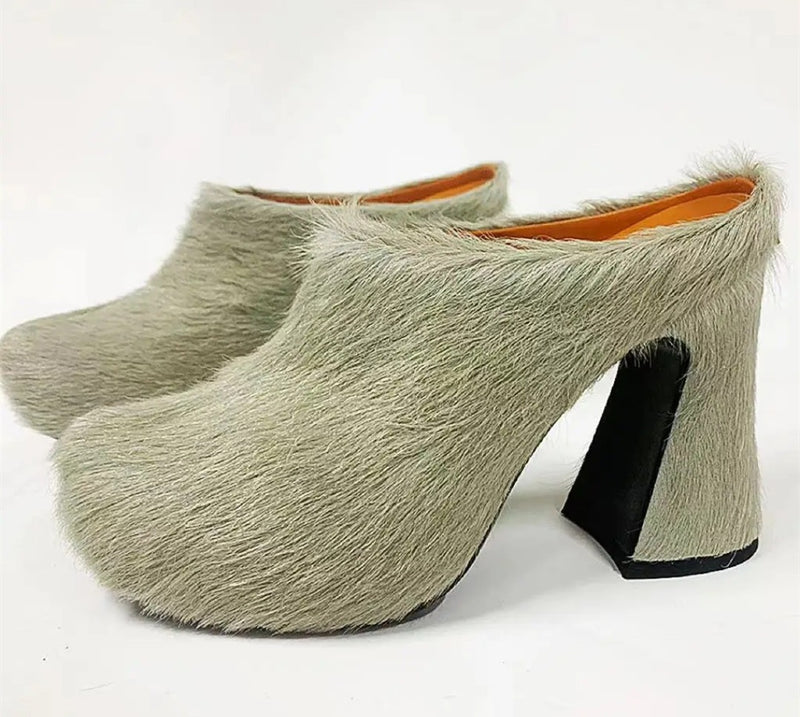 Round headed candy colored genuine leather horse hair with raised height inside casual lazy half slippers for women