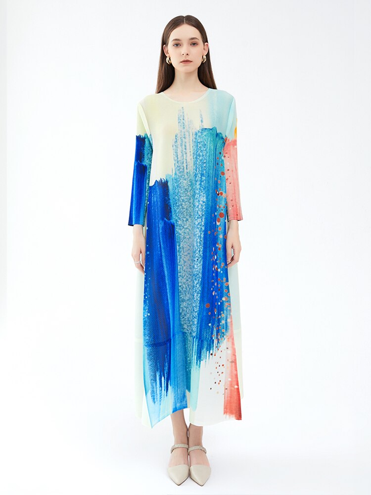 Pleated Ink Printed Dress Fall Winter New Designer Trendy Casual Elegant Dresses Christmas Outfits