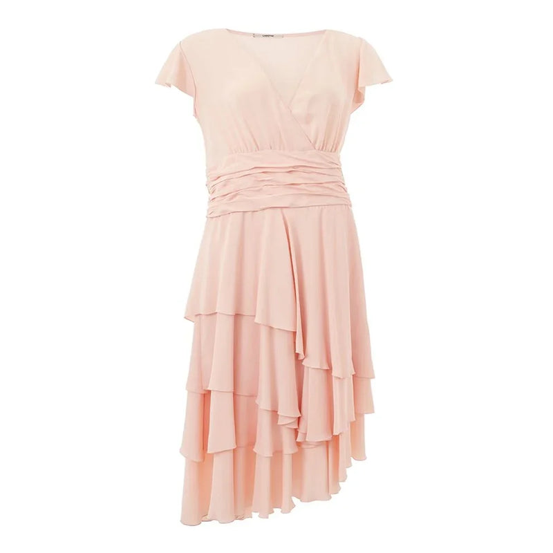 Pink draped tiered women's dress on a mannequin.