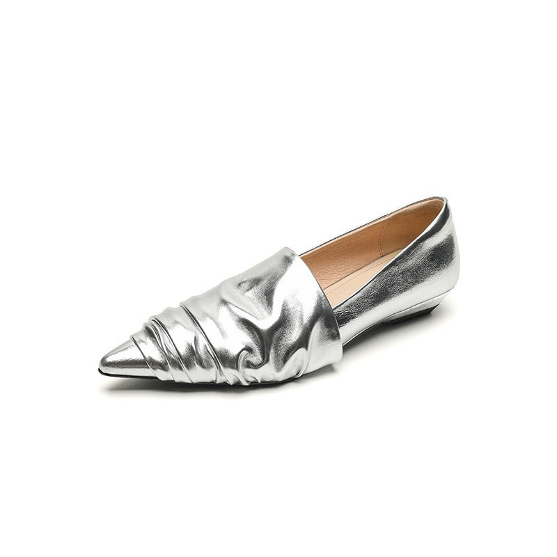Pointed low heel women's shoes, silver fashion shoes, flat shoes, black off white
