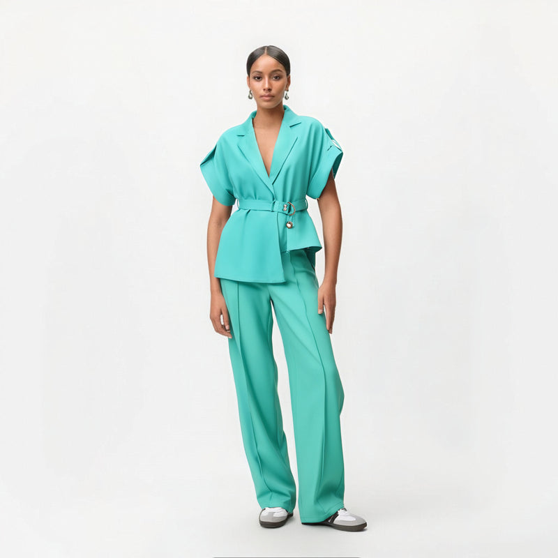 Elegant commuting V-neck tie up waist slimming top+high waisted wide leg pants fashion two-piece set