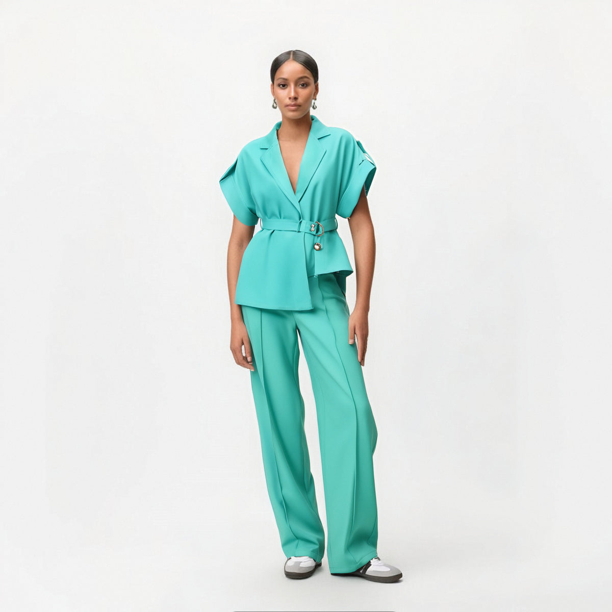 Elegant commuting V-neck tie up waist slimming top+high waisted wide leg pants fashion two-piece set