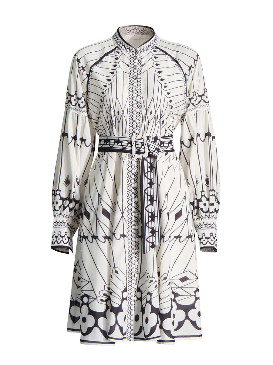 Standing collar printed lantern sleeve waist cinching dress for women