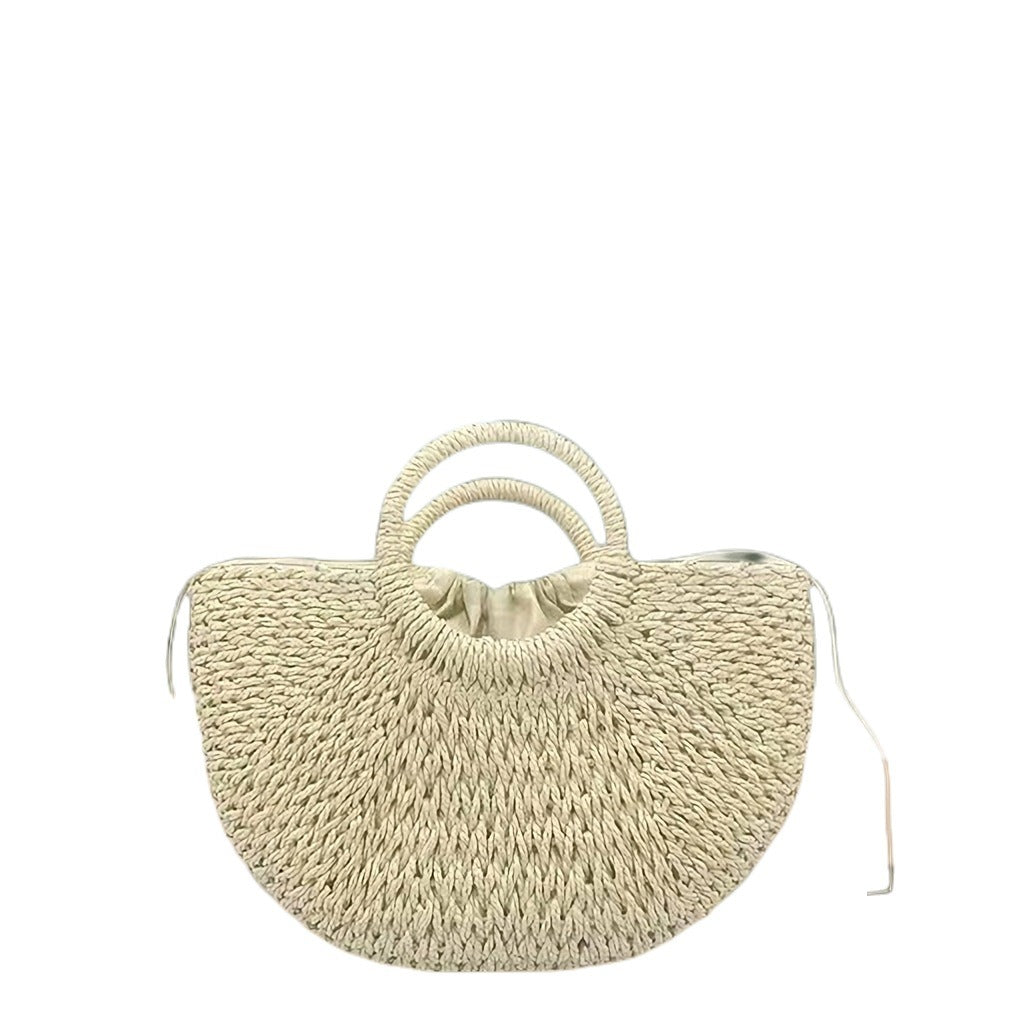 Medium straw woven semi-circular handbag, moon bag, leisure vacation double circular handle woven tote bag