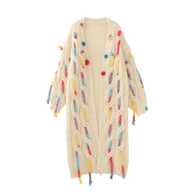 Heavy industry Fried Dough Twists twisted coarse needle hand knitting three-dimensional flower decoration medium length knitting cardigan coat for women