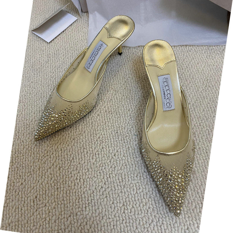 Mesh Wrapped Thin Heel Half Slippers