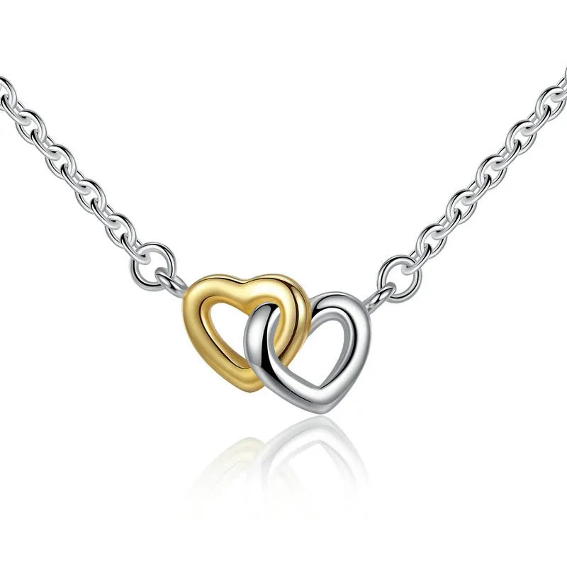 925 Sterling Silver Two Tone Heart Pendant Necklace Interlocking Double Hearts Zircon Love Women Gift Wholesale Fine Jewelry