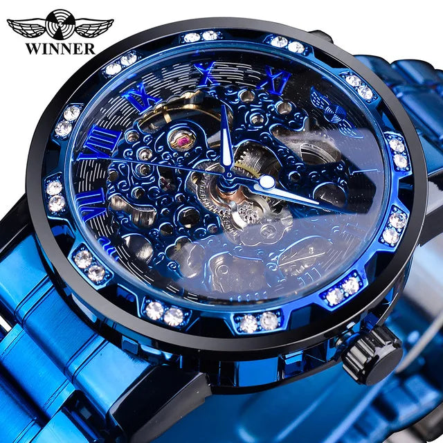 Winner New Transparent Diamond Mechanical Watch Stainless Steel Skeleton Watch Top New Luxury Business Luminous Male Clock