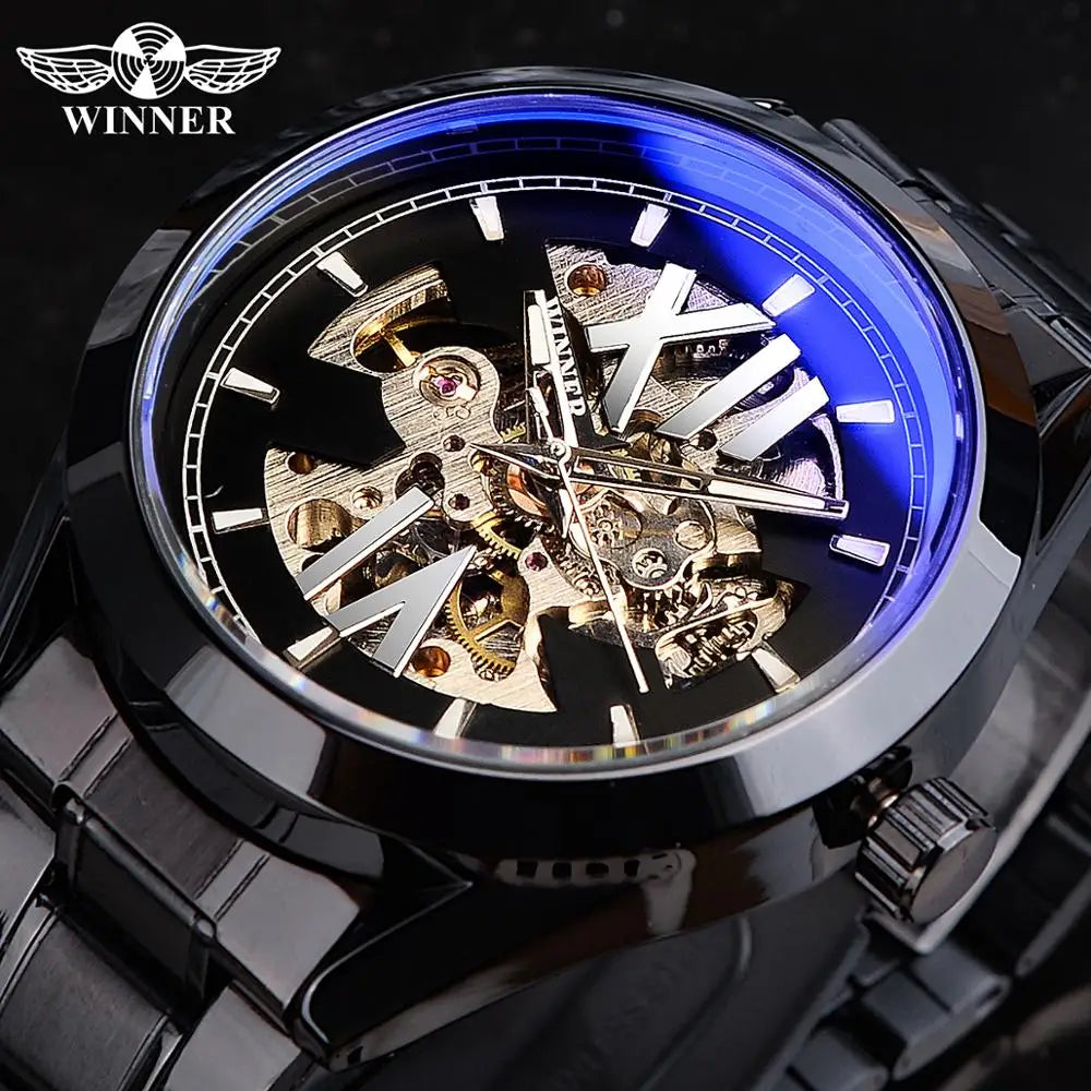 Winner Watch Men Blue Light Glass Skeleton Dial Automatic Watch Black Luminous Waterproof Stainless Steel Mechanical Watch