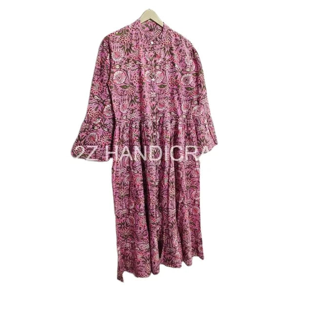 Wholesale 100% Cotton Maxi Dress Handmade Block Printed Summer Wear with Sleeves for Casual & Party Beach Wear at Cheap Price