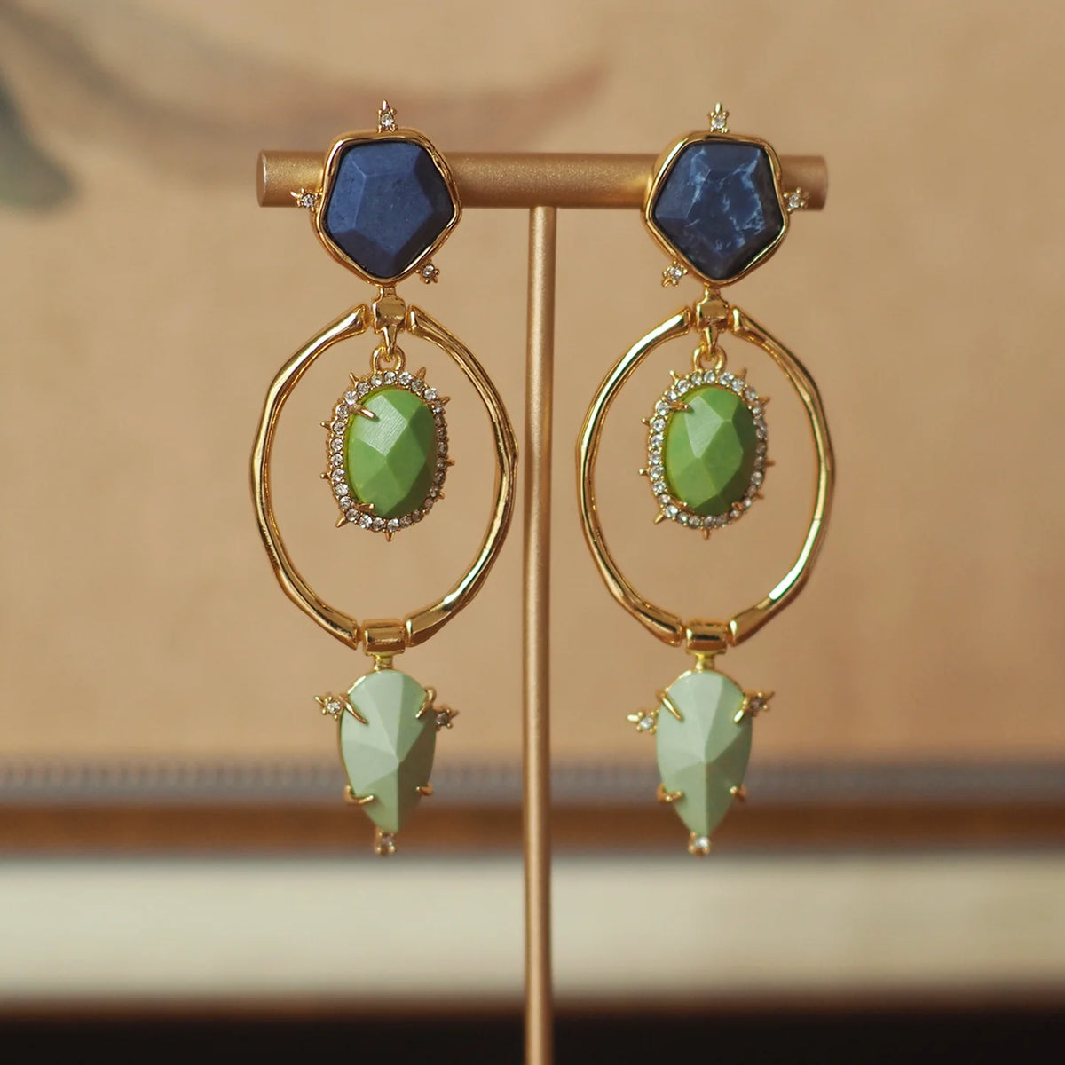 Retro European and American Style Vintage Fashion Alexis Bittar Lapis Lazuli Emerald Tassel Earrings