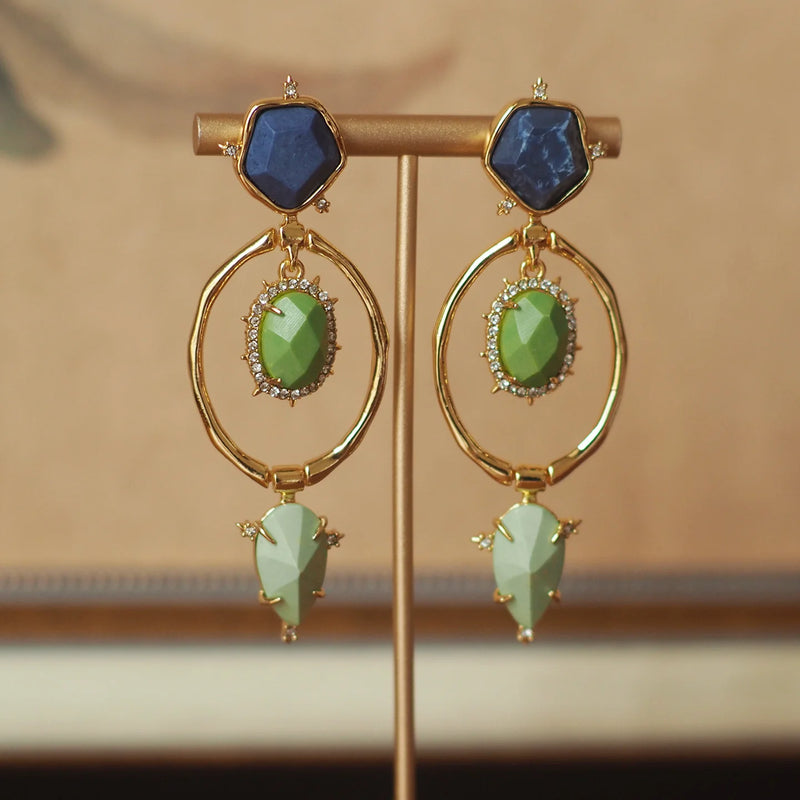 Retro European and American Style Vintage Fashion Alexis Bittar Lapis Lazuli Emerald Tassel Earrings