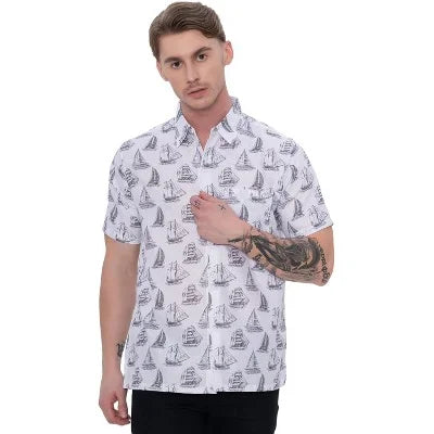 Men's short-sleeve button-up shirt with sailboat pattern.