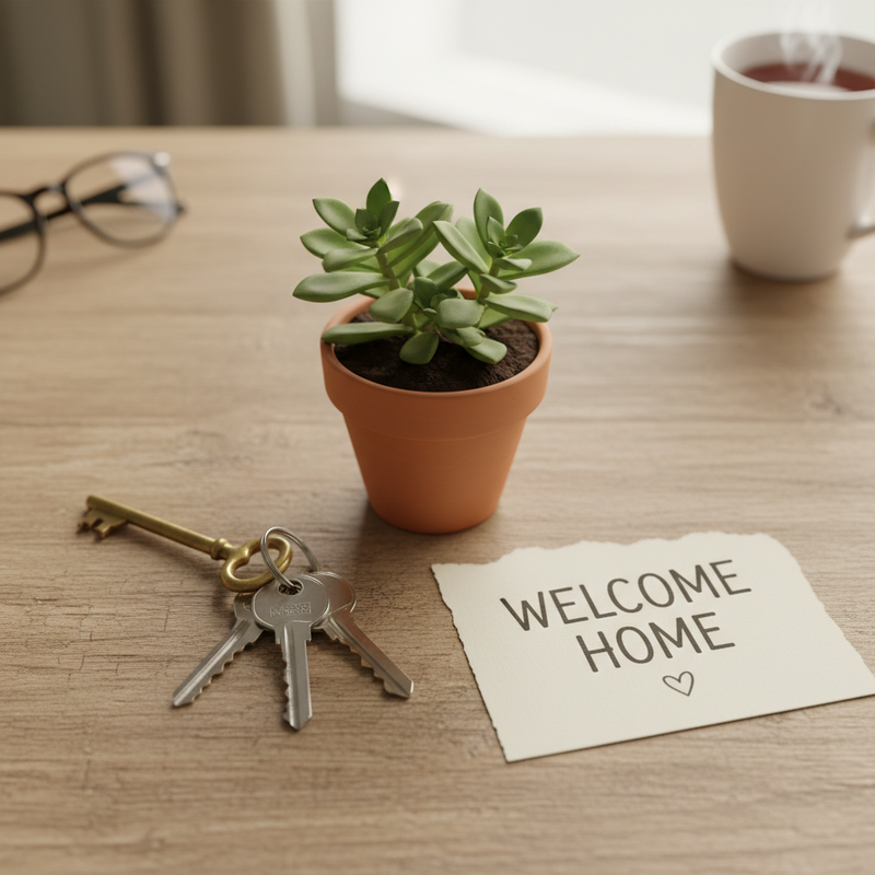 House Keys - Flat lay with plant and welcome card