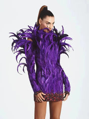 Women's Purple Luxury Feather Long Sleeve Sequin Patched Open Back Sexy Mini Dress Elegant Celebrity Party Dress