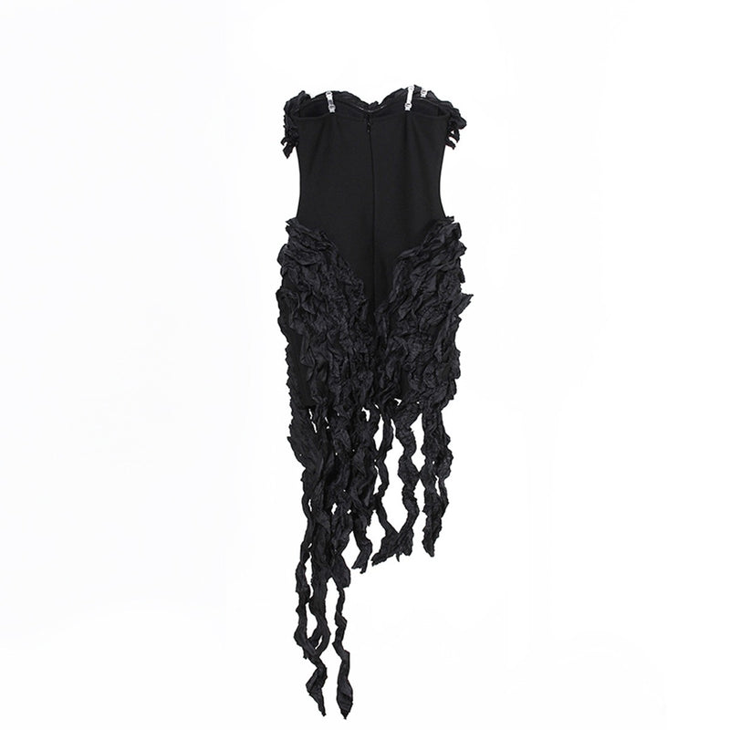 Strap strapless dress with tassels, high slit, slimming one step, buttocks wrapped dress