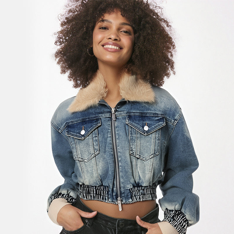 Detachable fur collar versatile cotton clip denim top