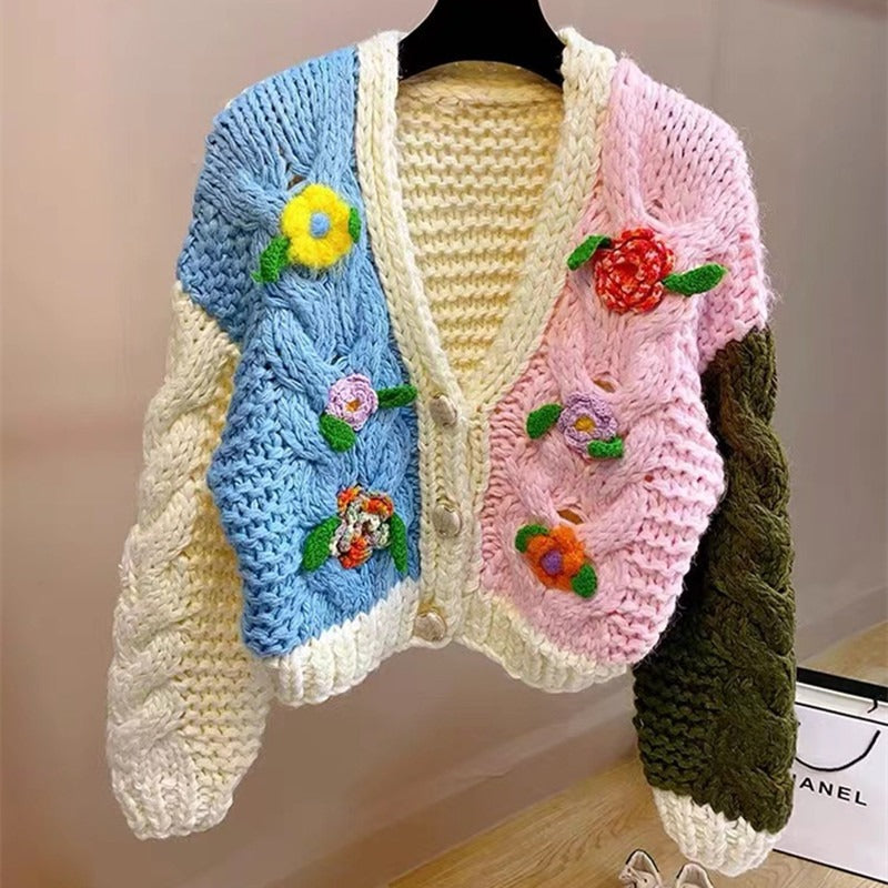 Knitted rod needle sweater color blocked three-dimensional hook flower cardigan jacket loose short top