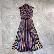 Temperament Knitted Colorful Striped Pleated Skirt Mid length Skirt Striped Sleeveless Waist Dress