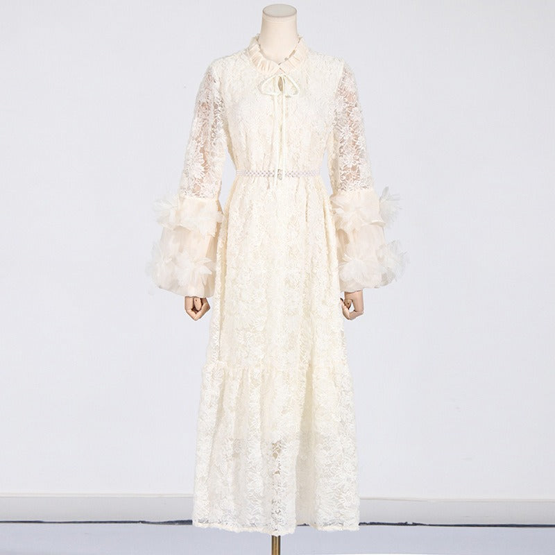 mesh waist length embroidered solid color dress for women