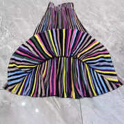 Temperament Knitted Colorful Striped Pleated Skirt Mid length Skirt Striped Sleeveless Waist Dress