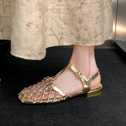Cowhide foreskin hollowed out T-shaped strap flat sandals Mary Jane shoes