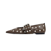 Pointed shallow mouth low heel rivet white single shoe belt buckle thick heel soft small leather shoes