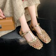 Cowhide foreskin hollowed out T-shaped strap flat sandals Mary Jane shoes