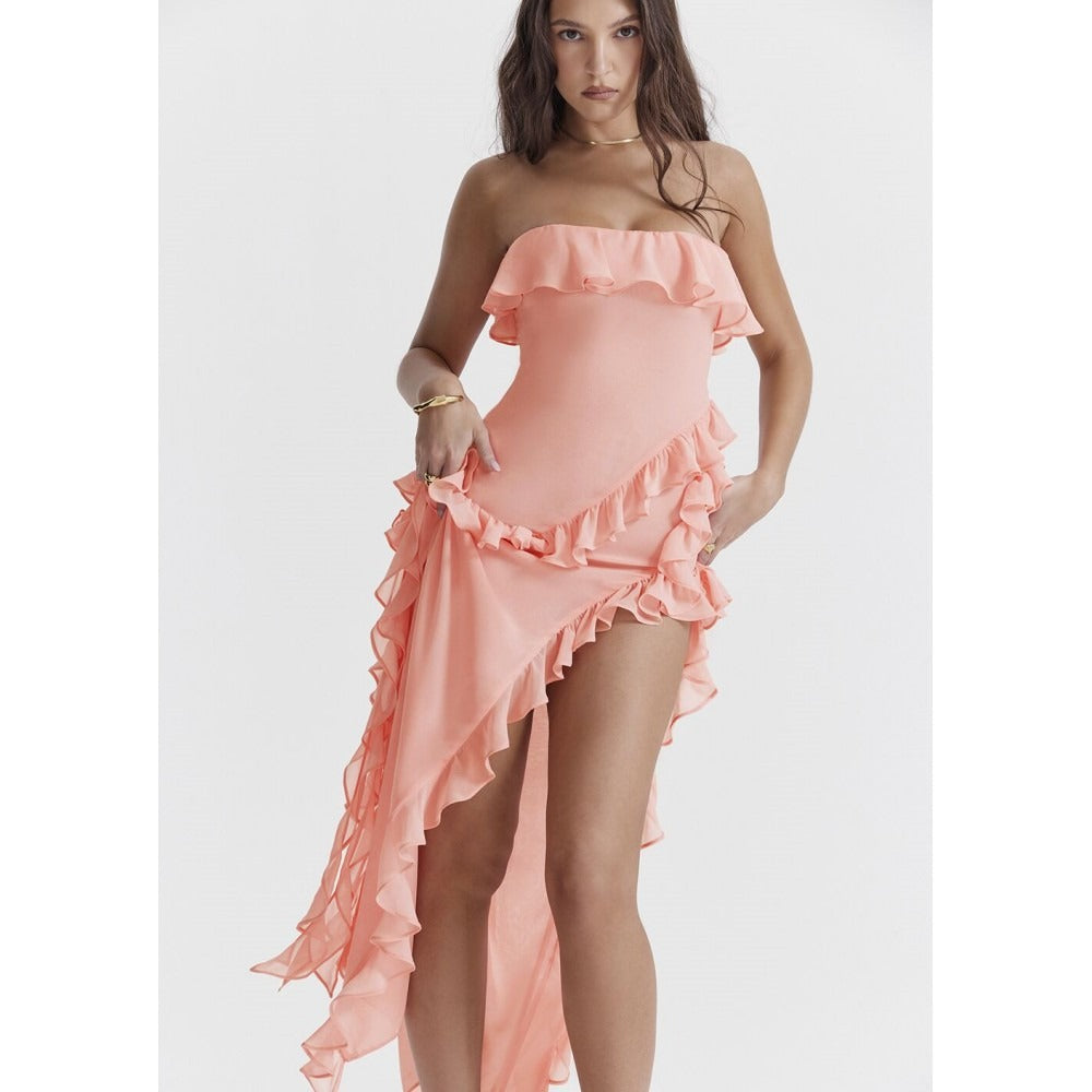 Fashionable one shoulder slimming backless tight pleated edge slim fit slit long dress for women