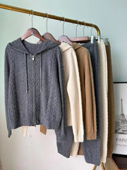 Casual cashmere suit twist knitted hooded sweatshirt cardigan leggings and trousers two piece set