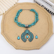 Retro Round Turquoise Flower Pendant Necklace Set – Vintage Style Jewelry