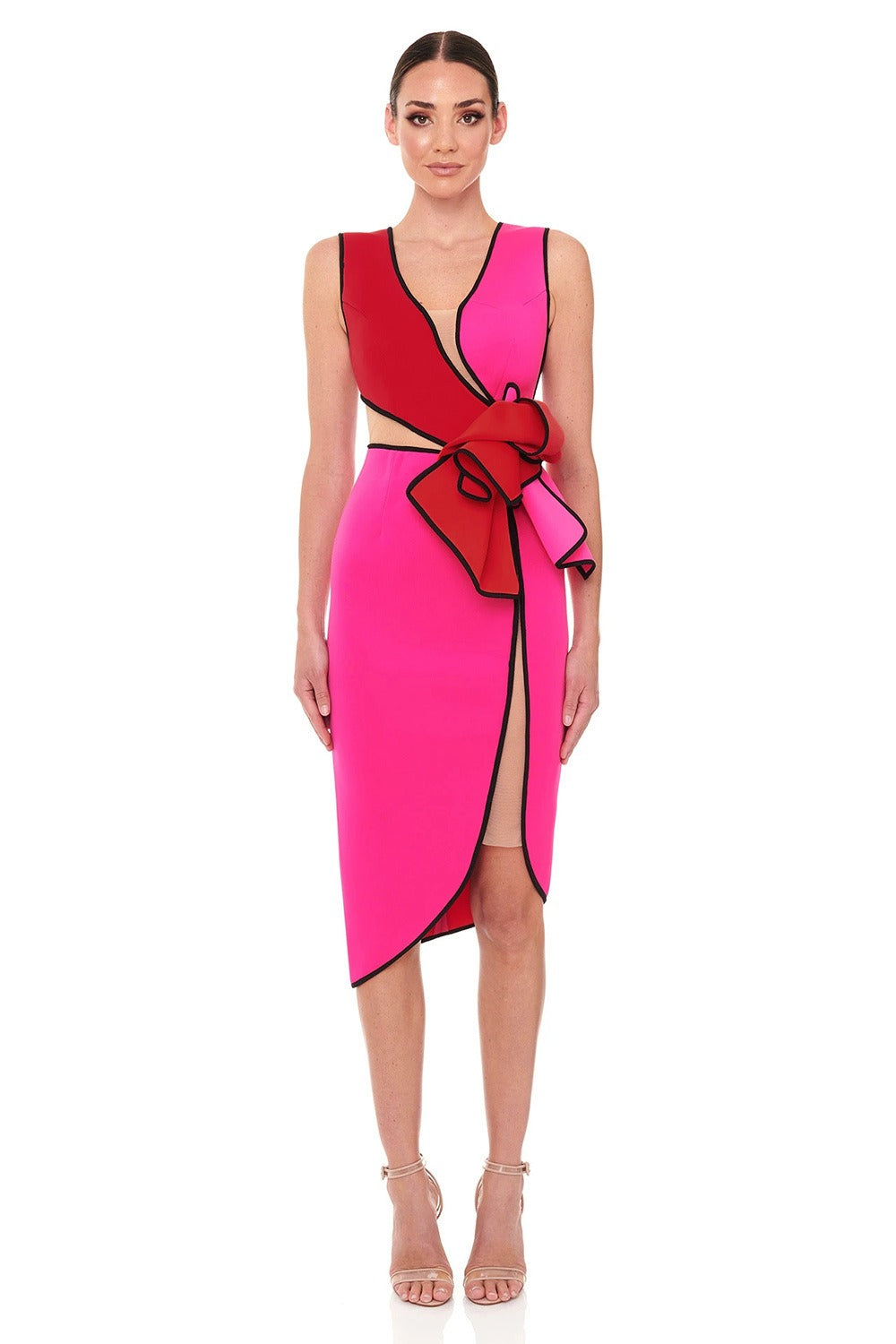 Elegant and sexy color blocking sleeveless hollowed out irregular patchwork bandage dress dress