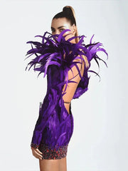 Women's Purple Luxury Feather Long Sleeve Sequin Patched Open Back Sexy Mini Dress Elegant Celebrity Party Dress