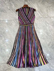 Temperament Knitted Colorful Striped Pleated Skirt Mid length Skirt Striped Sleeveless Waist Dress