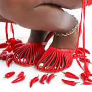 Summer metal leather hollowed out thin heel slippers with round toe and thin straps, and a high heel toe wrap