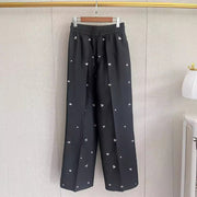 Fashionable silhouette handmade diamond ordered short sleeved shirt with tie up straight leg pants set