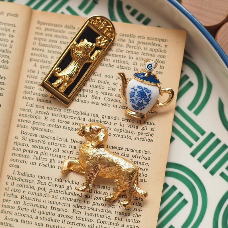 Jj Vintage Cat Mirror Brooch Retro European and American Style
