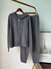 Casual cashmere suit twist knitted hooded sweatshirt cardigan leggings and trousers two piece set