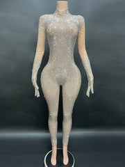 Round neck long sleeved tight jumpsuit with gloves for parties and gatherings