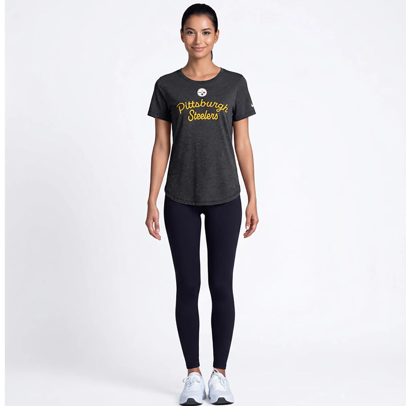 Woman wearing a black Pittsburgh Steelers t-shirt and leggings.
