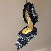 Black and white rhinestone bow decoration with lace and lace, Lolita headband silk high heeled sandals