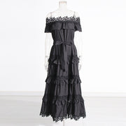 A solid color dress for women with a ruffled edge, one shoulder, waist, and lace hem