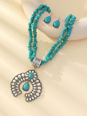 Retro Round Turquoise Flower Pendant Necklace Set – Vintage Style Jewelry