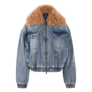 Detachable fur collar versatile cotton clip denim top