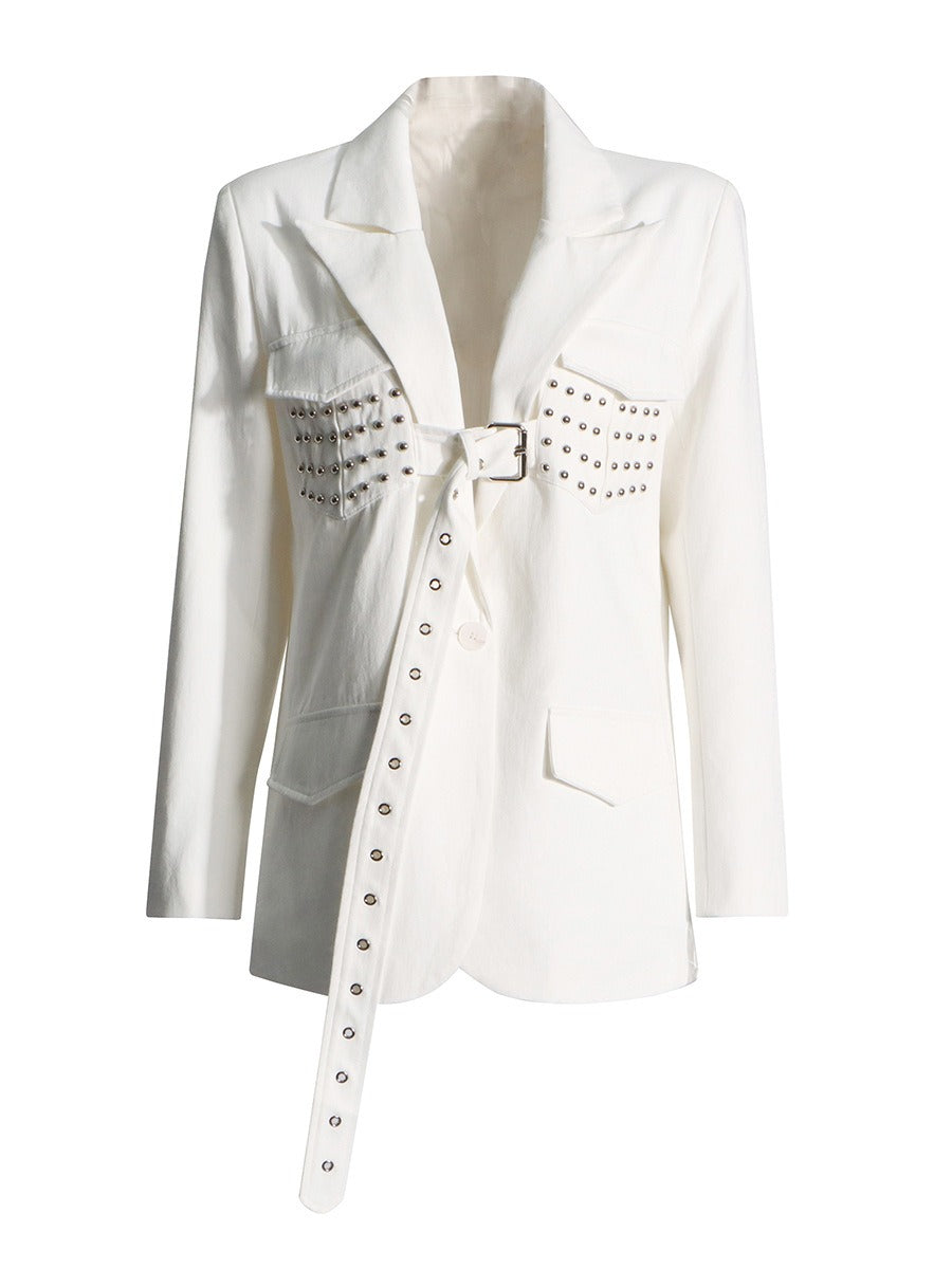 Personalized Australian Show Solid Color Suit New Design Sense Heavy Industry Nail Diamond Lace up Outline Suit Coat for Women