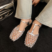 Cowhide foreskin hollowed out T-shaped strap flat sandals Mary Jane shoes
