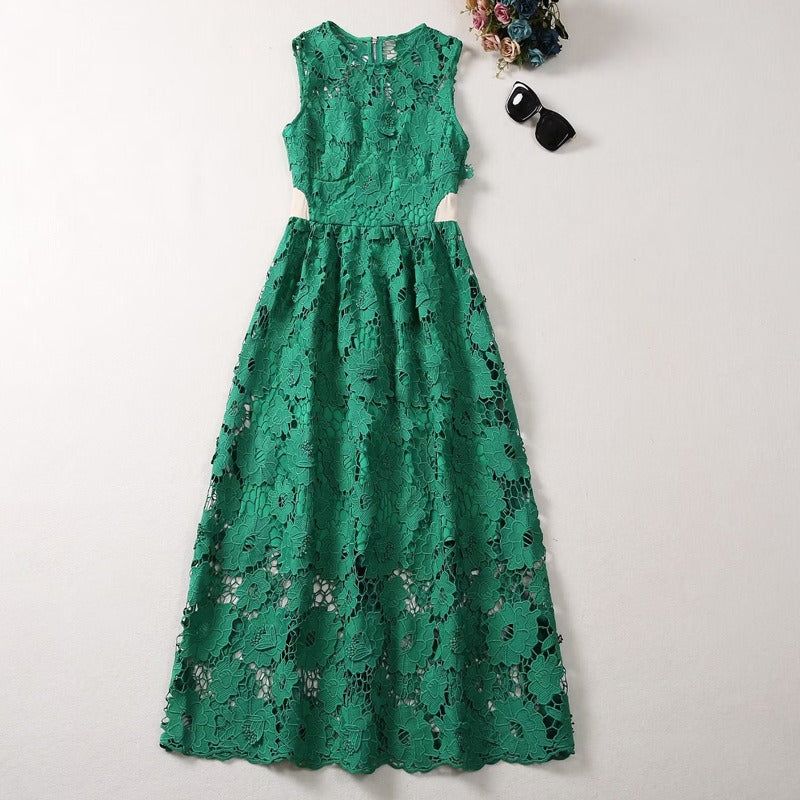 Green patchwork mid length dress for women's summer and autumn